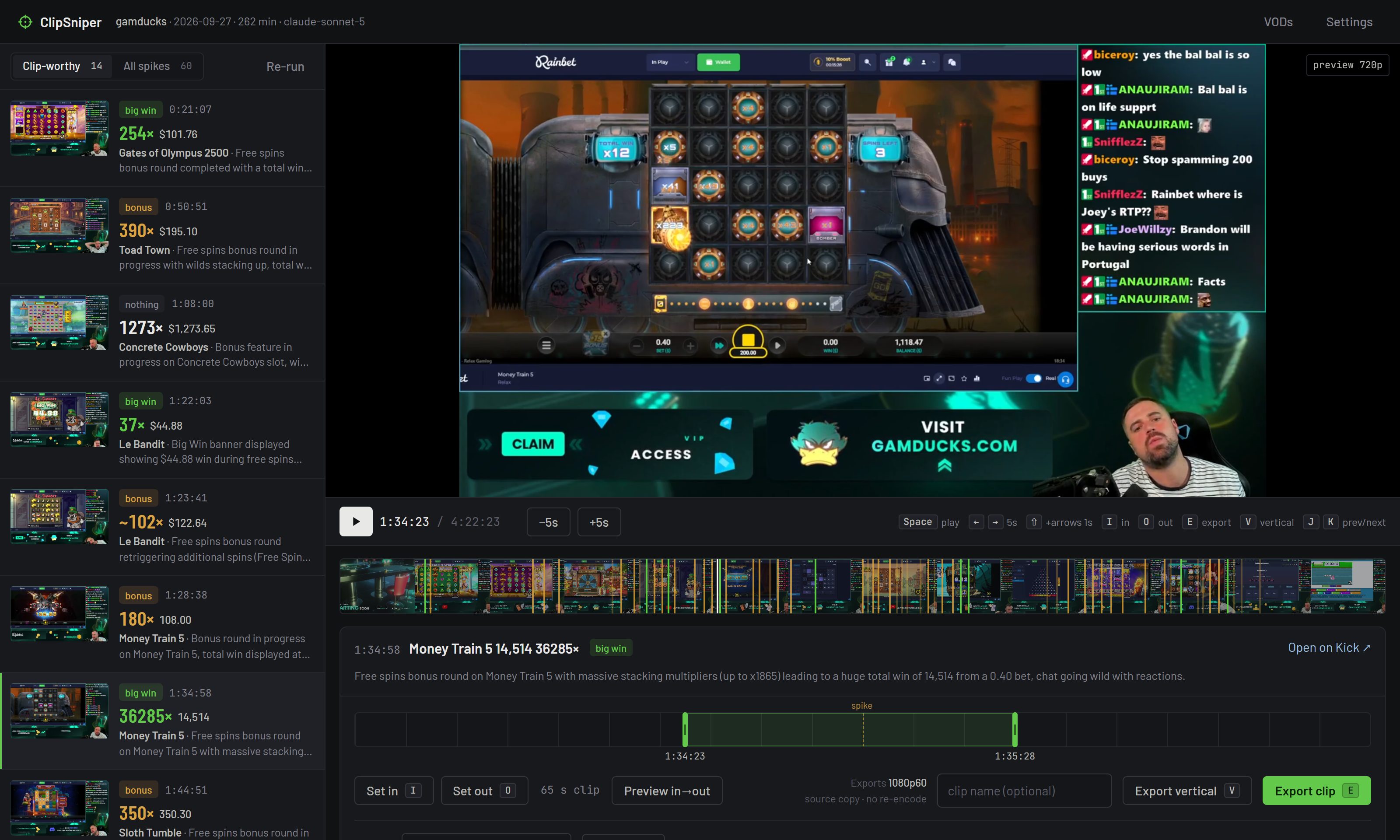 ClipSniper review screen: moment list on the left, Kick VOD playing in the center, filmstrip and trimmer below